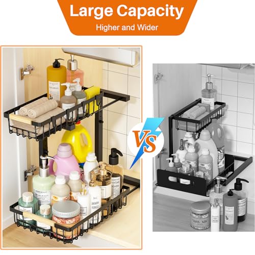 REALINN Under Sink Organizer, 2 Pack Height Adjustable Under Sink Organizers and Storage, 2 Tier Pull Out Drawer Cabinet Storage for Kitchen Bathroom - color: Black, size: 2 Pack
