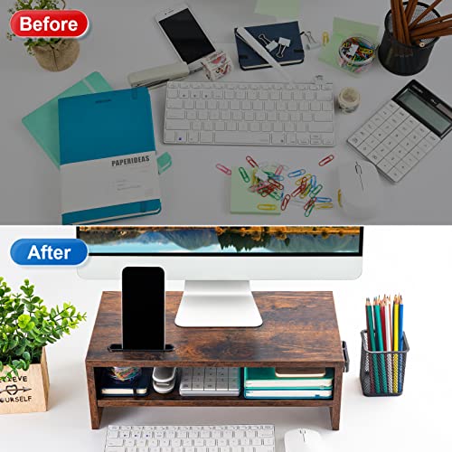 Marbrasse 16.5 Inch Monitor Stand, 2 Tier Computer Monitor Riser with Printer Shelf, Laptop Computer Screen Storage, Desktop Stand - Phone Holder & Cable Management (Vintage) - color: Vintage