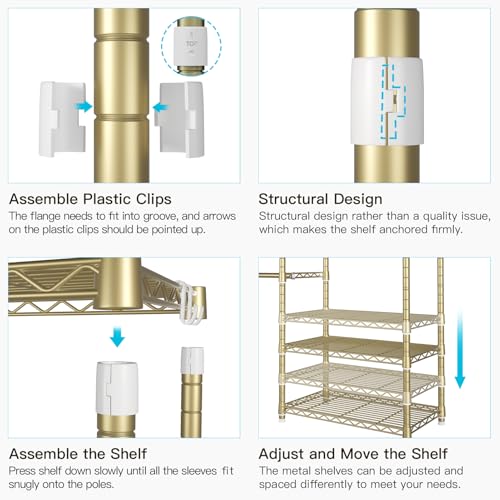 Ulif E1 Heavy Duty Closet Garment Rack, 6 Tiers Adjustable Metal Freestanding Expandable Clothing Storage with 4 Hanger Rods, Easy to Assemble Wardrobe, 71.4" H x (70" - 88.2") L x 14" D, Gold - color: Gold