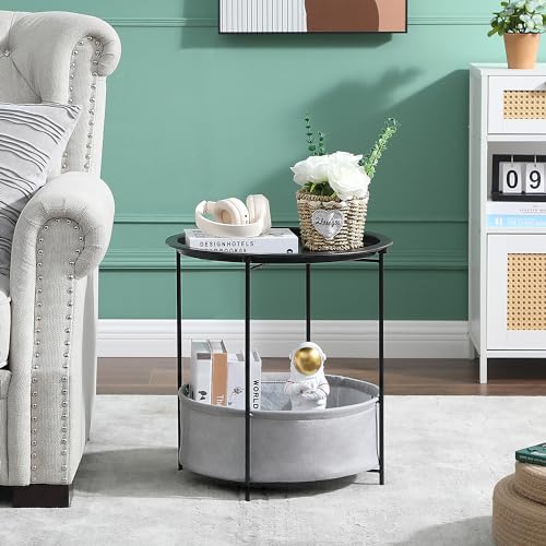 VECELO Round Side/End Table with Fabric Storage Basket，Metal Anti-Rust and Waterproof Small Bedside Nightstand with Removable Tray Top for Living Room，Balcony & Laundry，Black /1pcs with Basket - color: Black, size: 1 PCS with Basket