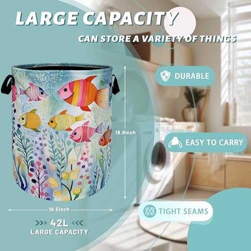 Watercolor Fish Laundry Basket Foldable With Handles Cute Fishes Tote Bag Oxford Cloth Colorful Laundry Hamper Clothes Storage Bucket Toy Organizer For Bathroom/Laundry/Bedroom 18.9"x16.5 " - color: Watercolor Fish Hand Drawn Fishes