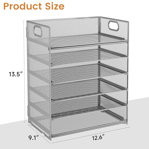 Subekyu 6 Tier Paper Organizer for Desk with Handle, Metal Mesh Desk Office File Folder Paper Letter Tray Accessories Organizer Sorter for Home, School, Office Desktop Document Organization - Silver - color: Silver
