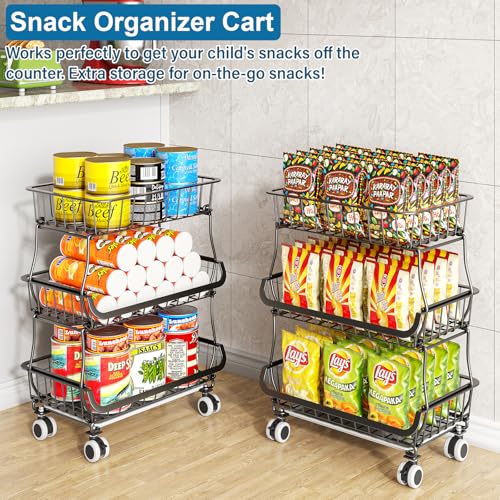 OKZEST 3-Tier Rolling Pantry Floor Organizer and Storage Cart with Wheels, Stackable Wire Pantry Baskets for Pantry Shelves, Kitchen Fruit Basket Stand and Storage Rack for Fruit Snack Onion Potato - color: Black, size: 3-Tier Baskets