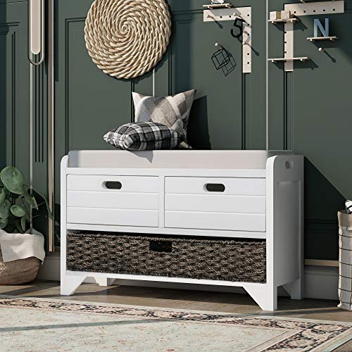 Solid Acacia Wood Entryway Bench - Fully Assembled Storage Bench with 2 Drawers, Rattan Basket & Cushion, No Assembly Required (White) - color: White
