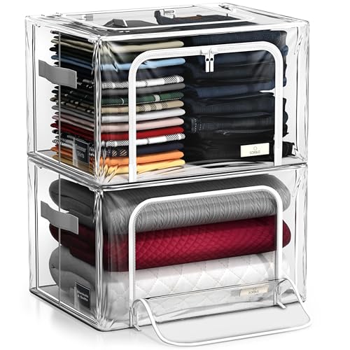 Sorbus Storage Bins with Metal Frame - Stackable & Foldable Clothes Organizer Bags - Clear Soft Plastic Storage Containers with & Carry Handles Organization for Bedding Linen & Clothing - size: Large, style: 2 Pack
