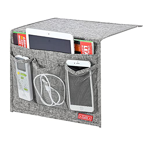 Zafit Linen 4 Pockets Bedside Caddy, Bedside Storage Organizer for Magazine, Remotes, Phone (Classic Grey) - color: Grey, size: Classic 4 Pockets