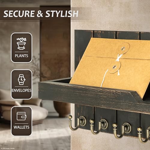 Rebee Vision Farmhouse Key Holder Wall Mount for Home Decor- Rustic Wooden Key Holder for Wall with Floating Shelf & 7 Sturdy Hooks - Ideal Mail Holder for Home Storage (Distressed Black) - color: Distressed Black, size: 15-inch