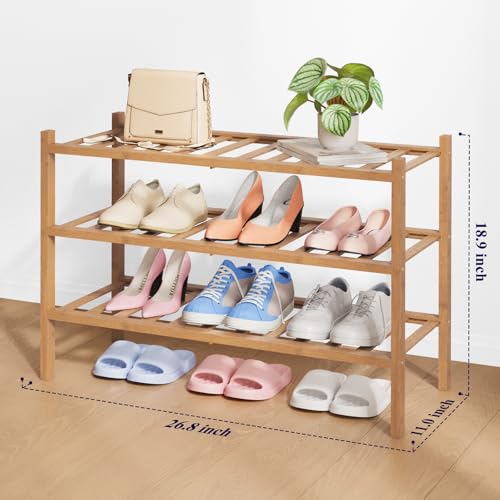 Kitsure Bamboo Wooden Shoe Rack for Closet - Stackable Shoe Organizer with Modular Structure, Space-Saving Shoe Shelf for Entryway, Living Room, Bedroom, 26.8" Wide - 3 Tiers, Brown - color: Brown, size: 26.8"Wide - 3 Tiers