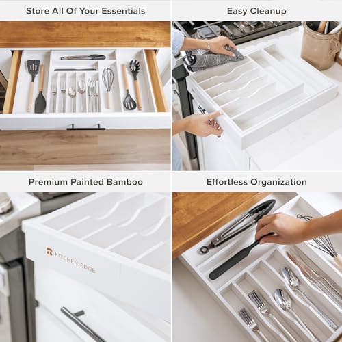 KitchenEdge Premium Silverware, Flatware and Utensil Organizer for Kitchen Drawers, Food-Safe Contract Grade, Expandable from 16 to 28 In, White Bamboo - color: White Bamboo, size: From 16" to 28" wide