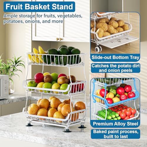 OKZEST 3-Tier Rolling Pantry Floor Organizer and Storage Cart with Wheels, Stackable Wire Pantry Baskets for Pantry Shelves, Kitchen Storage Rack and Fruit Basket Stand for Fruit Snack Onion Potato - color: White, size: 3-Tier Baskets