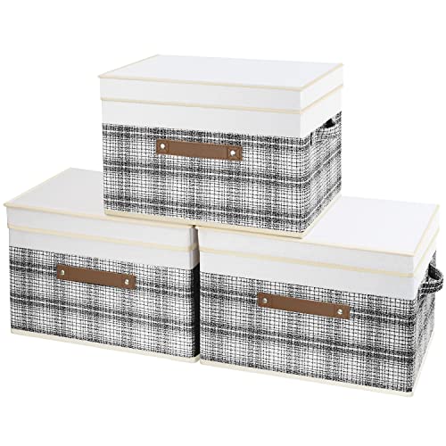 TYEERS Collapsible Storage Bins with Lids, Patchwork Design, Washable, Fabric Storage Boxes, 14.9x9.8x9.8 inches, 3 Pack, Gray - color: Gray & White, size: set of 3