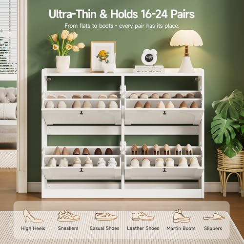 ONBRILL Shoe Cabinet with 4 Flip Drawers, Freestanding Ultra Slim Hidden Shoe Organizer with Classic Arched Pattern, 16-24 Pairs Shoe Storage Cabinet for Entryway Hallway Living Room (White) - color: White