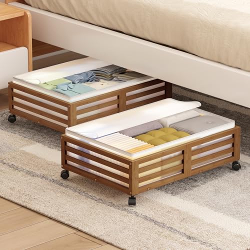 Under Bed Storage with Wheels-Large Bamboo Underbed storage Containers with Large Dust Bag Stackable Under the Bed Shoe Storage Bins for Clothes Books Bedding (2 Packs walnut, 23.62"L×16.54"W× 6.51"H) - color: 2 Packs Walnut, size: 23.62"L×16.54"W× 6.5"H