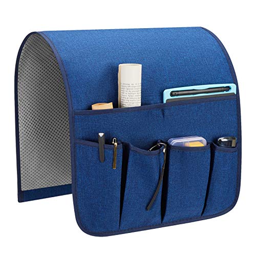 Sofa Armrest Organizer, Remote Control Holder for Recliner Couch, Arm Chair Caddy with 5 Pockets for Magazine, Tablet, Phone, iPad - color: Classic Blue, size: W13'' x L33''