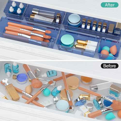 WOWBOX 6 Pack Clear Drawer Organizer Set, Acrylic Drawer Storage Trays, Storage Bins for Makeup, Cosmetics, Jewelries, Utensils, Gadgets, Office, Dark Blue - color: Dark Blue, size: 6 PCS