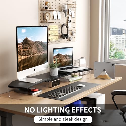 AFOOYO LED Dual Monitor Stand Riser for 2 Monitors,Office Desktop Wooden Stand Adjustable Length and Angle 3 Shelf,Extra Long Multifunctional Stand up to 44.4" for Computer,Laptop,TV,Black - color: Black, size: Dual