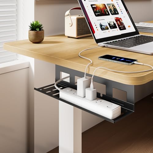 PEGZONE Under Desk Cable Management Tray, 15.7 Inches Metal Cord Organizer Rack, Desk Tray for Power Strip, Cord, Wire, Easy Mounting Cable Management Under Table for Home Office, Black - color: Black, size: 15.7"