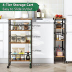 IBUYKE 7.8" Slim Rolling Cart,4-Tier Metal Kitchen Storage Cart,Trolley cart on Wheels for Narrow Space,with Handle and Wooden Tabletop,for Kitchen, Dining Room,Laundry Room,Rustic Brown UTMJ065H - style: Brown