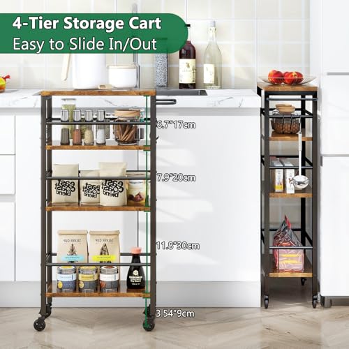 IBUYKE 7.8" Slim Rolling Cart,4-Tier Metal Kitchen Storage Cart,Trolley cart on Wheels for Narrow Space,with Handle and Wooden Tabletop,for Kitchen, Dining Room,Laundry Room,Rustic Brown UTMJ065H - style: Brown