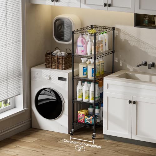 SINGAYE 5 Small Shelf Storage Wire Shelves Closet Bathroom Organizers Metal Pantry Kitchen Garage Shelving Unit Laundry Room Organization Home Narrow Rack Net Basket with Wheels Black - color: Black, size: 5Tier/11.5"D X 17.5"W X 57"H