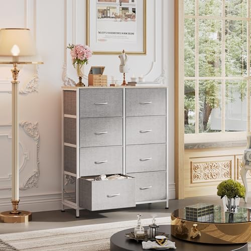WLIVE Fabric Dresser for Bedroom, Tall Dresser with 8 Drawers, Storage Tower with Fabric Bins, Double Dresser, Chest of Drawers for Closet, Playroom, Dormitory, Light Grey - color: Light Grey, style: General