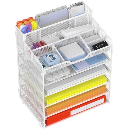 Docnest 6 Tier Mesh Desk Organizer for Paper Office Supplies – Multi-Functional Letter Tray with 5 Adjustable Compartments, 4 Pen Holders, Desktop Storage for Files, Mail, Stationery – White - color: White, size: 12.7" x 9.1" x 15.5"