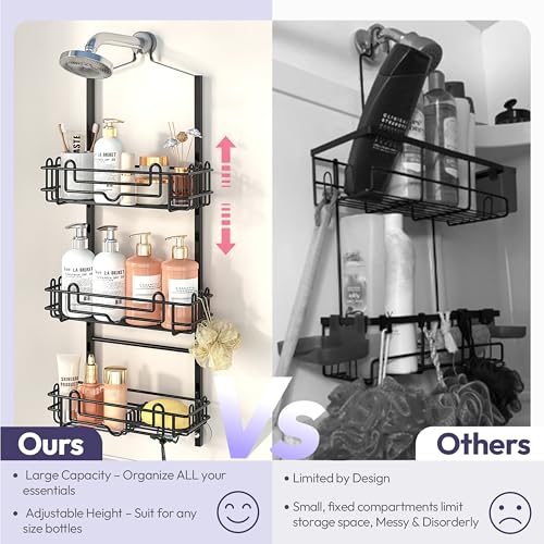 SWTYMIKI Shower Caddy Hanging Organizer - 3-Tier Rustproof Shower Organizer Over Showerhead with Adjustable Baskets, 24 Hooks, Soap & Razor Holder - No Drill Large Bathroom Storage Rack, Black - color: Black