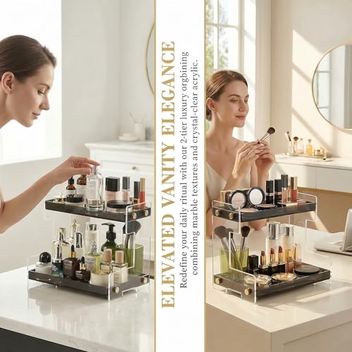 FFK Bathroom Organizer Countertop,2 Tier Bathroom Counter Organizer Kitchen Spice Rack Cosmetic Organizer,Countertop Storage Shelf for Bathroom, Kitchen, Living Room, Bedroom, Dressing Table - color: Black - Acrylic