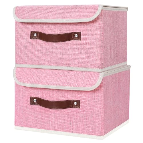 ANMINY 2PCS Storage Bins with Lid PU Leather Handles Storage Boxes PP Plastic Board Decorative Foldable Lidded Cotton Linen Fabric Home Cubes Baskets Closet Organizer Containers - Pink, Small Size - color: Pink, size: Small (Pack of 2)