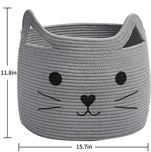 Large Woven Cotton Rope Storage Basket, Baby Laundry Basket Organizer for Towels, Blanket, Toys, Clothes, Gifts | Pet Gift Baskets for Cat, Dog - 15.7" L×11.8" H, Gray - color: Gray, size: 15.7"W x 11.8"H