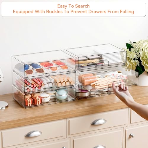Yieach 12.1''W Clear Stackable Storage Drawers,2 Pack Acrylic Drawer Organizer for Hair Accessories,Makeup Organizers,Plastic Organizer Bins for Vanity,Bathroom,Cabinet,Desktop,Office Supply Organizer - color: Clear-12.2 In Width, size: 2 PCS