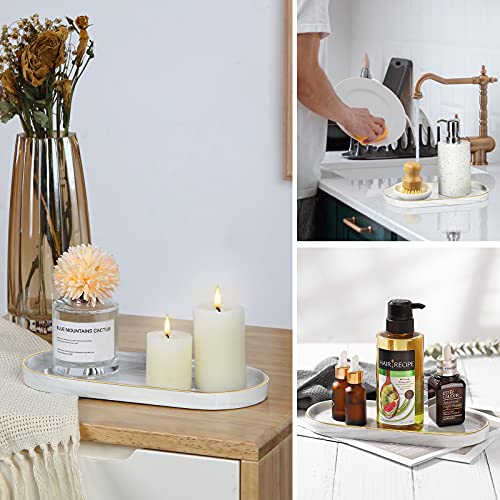 Luxspire Bathroom Vanity Tray, Marble Ceramic Dresser Jewelry Dish with Golden Rim, Decorative Tray Countertop Sink Storage Holder Organizer for Soap Candles Perfume Comestic Home Decor, Marble White - color: Marble White+gold, style: Small