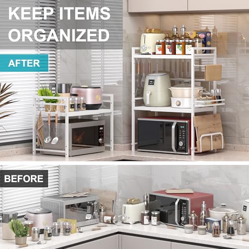 DOLALIKE Microwave Oven Rack, Expandable Microwave Stand Kitchen Countertop Organizer Utensils Storage, Carbon Steel Over Microwave Shelf with 3 Hooks (White, 3 Tier- With Storage) - color: White, size: 3 Tier (With Spice Rack)