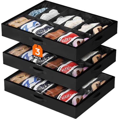 Lifewit Under Bed Shoe Storage Organizer 3 Pack(12 Shoes Cells), 4.3 Inches Profile Fabric Shoes Container Box with Clear Cover, Foldable Storage Bag with 2 Handles, Fits 18 to 36 Pairs - style: 12 Shoes Cells