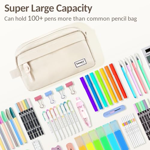 Sooez Original High Capacity Pencil Case, Big Pencil Bag Pouch Box Organizer Pen Case, Aesthetic Supply for Girls Adults, Portable Journaling Supplies with Easy Grip Handle & Loop, Beige - color: Beige