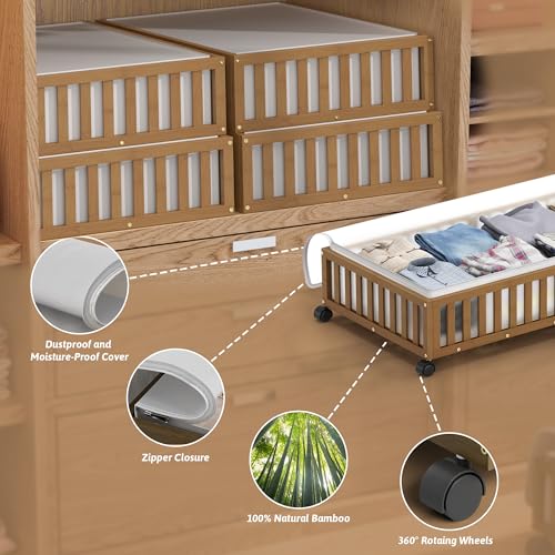 Bamboo Under Bed Storage Containers with Wheels, 2 Pack Large Under the Bed Shoe Storage Bins, Wood Rolling Underbed Drawers Organizer for Bedroom Closet Clothes Blanket Under Crib Toy Walunt - color: Brown, size: 2 PCS (33.07"×16.54")
