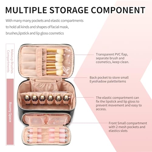 OCHEAL Makeup Bag, Multifunctional Make Up Bags with Zipper Pouch Large Compact Makeup Bag Organizer for Women Girls Cosmetics Toiletry Brushes Storage Makeup Case with Handle Divider-Black - color: 001_Black with front pocket, size: Medium