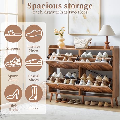 Bifins Shoe Storage Cabinet with 4 Wavy Fluted Flip Drawers, Modern 47.2” Wide Hidden Narrow Shoe Rack Cabinet for Entryway Foyer Hallway (Walnut 4 Drawer) - color: Walnut 4 Drawer