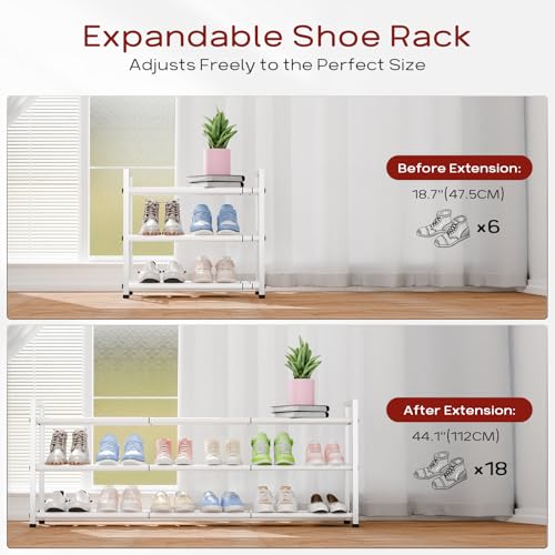 Bumusty 3-Tier Long Expandable Shoe Rack for Closet, 18"-44" Adjustable Shoe Rack for Entryway, 15-18 Pairs Large Shoe Organizer Shelf Storage, Sturdy Metal, White - color: White, size: 3-Tier