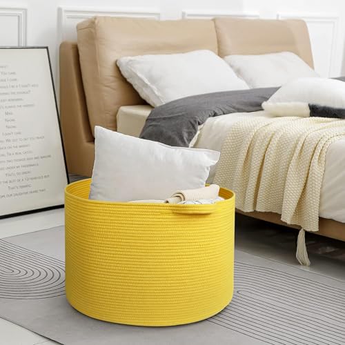 MEGASKET Extra Large Yellow Basket, 22” X 22” X 14” Cotton Rope Yellow Decor for Living Room Bedroom, Woven Basket for Blanket, Laundry, Towel, Shoe, Baby Nursery Toy Organizer, Room Decor Storage Bin - color: Yellow, size: 22"x22"x14"