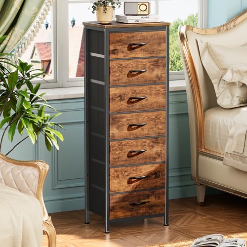 Huuger Tall Dresser for Bedroom, 7 Drawer Dresser & Chests of Drawers, Fabric Drawer for Closet, Bedroom, Night Stand, Metal Frame, Storage Tower with Fabric Bins, Rustic Brown - color: Rustic Brown, size: 50.0inch(7 Drawers)