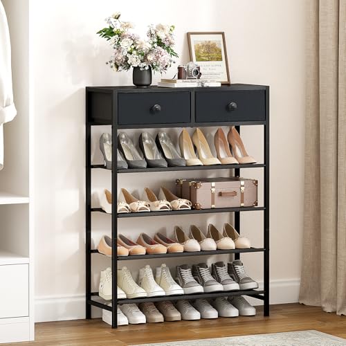 Shoe Rack, 5 Tier Shoe Organizer with 2 Drawers, Metal Shoe Storage for 16-20 Pairs of Shoes with Fabric Shelves and Wooden Top, Narrow Shoe Shelf for Closet Entryway Black Grey - color: Black Grey, size: 5 Tier(27.6 × 10.8 × 37.8)