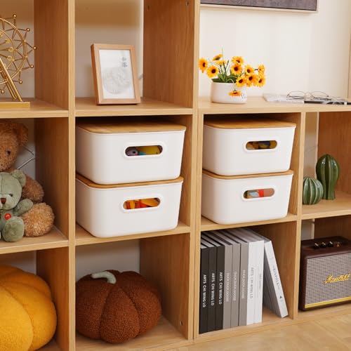 Citylife Storage Bins with Bamboo Lids 16QT Plastic Storage Containers Stackable Organizer Boxes with Handle for Desk Snacks, Toys, 2 PCS, 15" L x 10.6" W x5.8 H - size: Large, style: 2 Pack