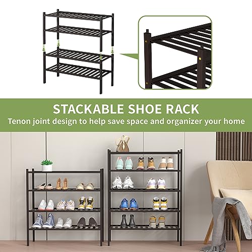 ROMGUAR CRAFT 4 Tier Bamboo Shoe Rack for Closet Free Standing Wood Shoe Shelf for Entryway Small Space Stackable 27"x11"x26" (Brown) - color: Brown, size: 4 tier