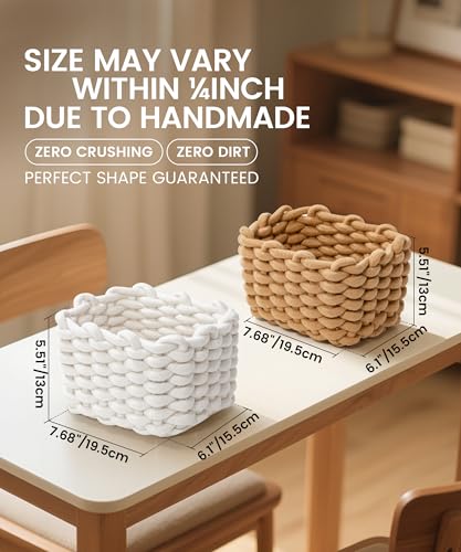 Small Macrame Woven Storage Baskets 2 Pack – Boho Cotton Rope Bins for Bathroom, Bedroom, Desk & Vanity Organizer – White & White, 7x5.5x5 Inches - color: White & White