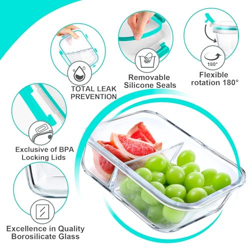 VERONES 5 Pack Glass Meal Prep Containers 2 Compartment Set, 36OZ Airtight Glass Lunch Containers, Glass Food Storage Containers with Lids, for Microwave, Oven, Freezer & Dishwasher Friendly,Green - color: Green