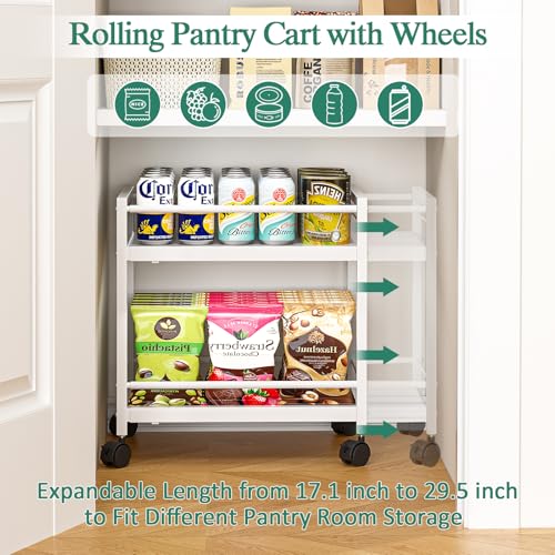 2-Tier Expandable Rolling Pantry Cart with Wheels, Adjustable Floor Organizer for Kitchen Pantry, Can Organizer for Pantry, Storage Cart for Snack, Food, Vegetables, White, Patent Pending - color: White