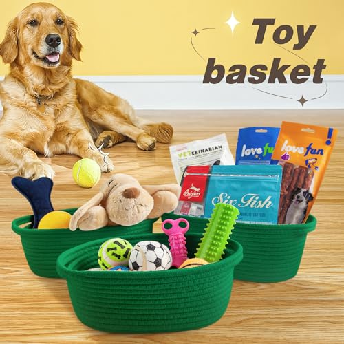 Pro Goleem Small Woven Basket with Gift Bags and Ribbons Durable Baskets for Gifts Empty Small Rope Basket for Storage 12"X 8" X 5" Baby Toy Baskets with Handles, Green - color: green