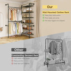 L2 Wall Mounted Closet System, Industrial Pipe Clothing Rack Clothes Racks with 2 Telescopic Rod & 6 Shelves, Heavy Duty Closet Organizers System in Wardrobe Closet, Black - color: Black