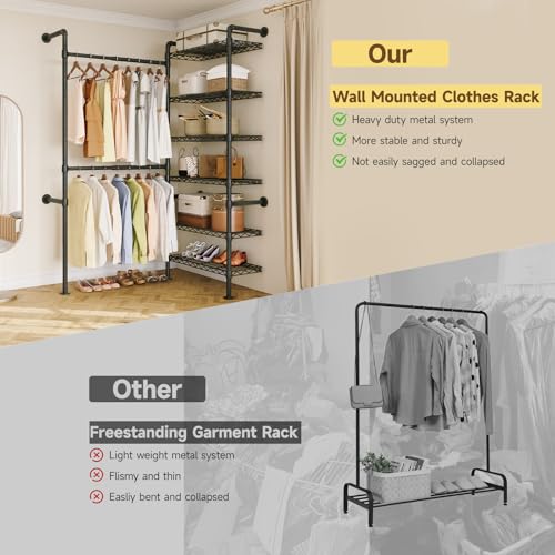 L2 Wall Mounted Closet System, Industrial Pipe Clothing Rack Clothes Racks with 2 Telescopic Rod & 6 Shelves, Heavy Duty Closet Organizers System in Wardrobe Closet, Black - color: Black